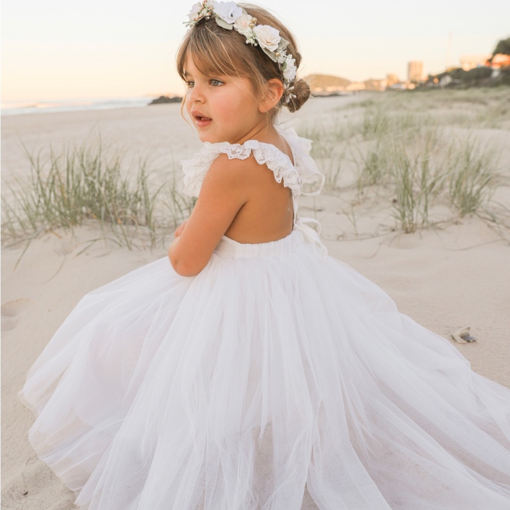 Grace White Linen Tulle High Low Dress, Flower Girl Dress, Photoshoot